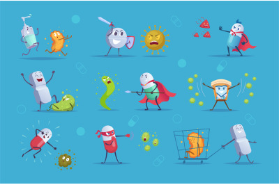 Antibiotic fighters. Healthy medical concept antibiotic characters des