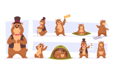 Groundhogs. Cute wild animals day of time loop groundhogs illustration