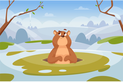 Groundhogs background. Time loop day concept cartoon illustration with