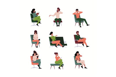 Sitting characters. People in various poses sitting on chairs and mode