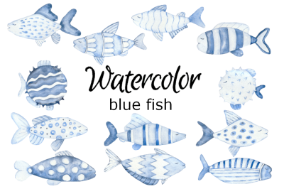 Blue fish watercolor clipart