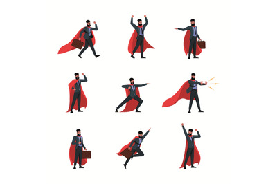 Business heroes. Flying man in red cape power action poses of business