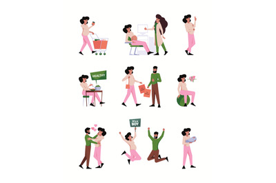 Pregnant characters. Female future mothers in action poses baby care h