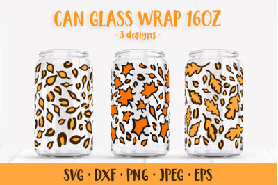 Fall Leaves Leopard Can Glass Wrap SVG. Autumn Glass Can