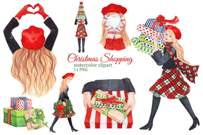 Christmas shopping girl clipart, Christmas gifts, watercolor fashion P