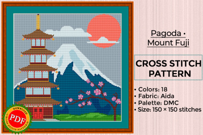 Pagoda Cross Stitch Pattern | Mount Fuji