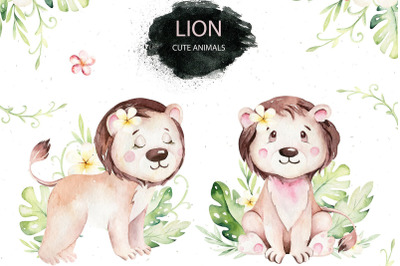 Lovely Lion Jungle Watercolor Clip Art, Safari Animals PNG set