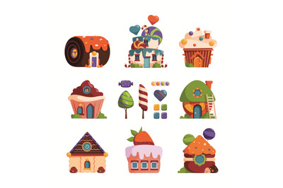 Fantasy sweet houses. Fairy tale decorated buildings with cookies and