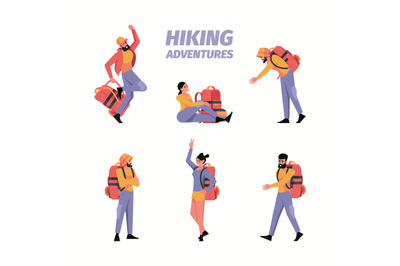 Characters with backpack. Hiking adventures characters climbing person