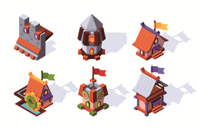 Fantasy buildings isometric. Village fairy tale houses in cartoon styl