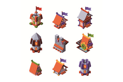 Game buildings. Isometric props for cartoon games construction collect