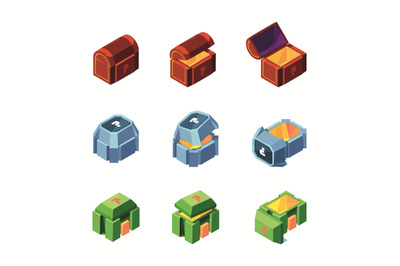 Game boxes. 3d elements for game ui present 3d gifts containers chest