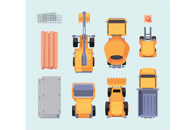 Construction vehicles top view. Production yellow cars for builders ma