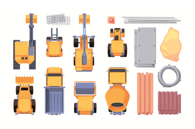 Heavy cars top view. Yellow excavation trucks for builders bulldozer t