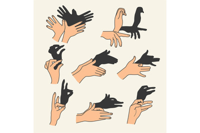 Hands gestures shadow. Antique gaming puppets from hands different the