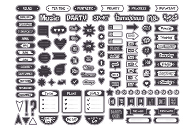 Daily notes. Black templates of diary sticky symbols for business note