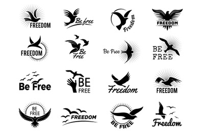 Flying birds logo. Stylized symbols of freedom typography badges wordi