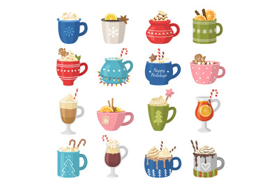 Christmas drinks. Beverages liquid products in decorative cup various