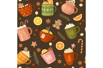 Christmas pattern. Xmas cups with beverage hot drinks coffee and tea r