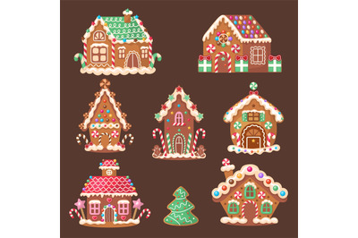 Candy houses. Gingerbread baked christmas cookies decorative food for