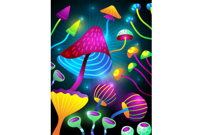 Psychedelic mushroom poster. Decorative placard with poison toxic colo