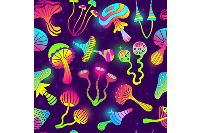 Mushrooms pattern. Psychodelic unhealthy drugs colored neon shapes mus