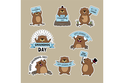 Groundhog day. Ads badges with funny animal happy groundhog symbols of