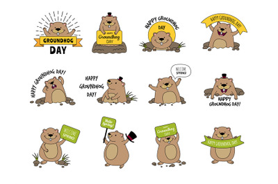 Groundhog animal badges. Cute wild animal on time loop repetition of d