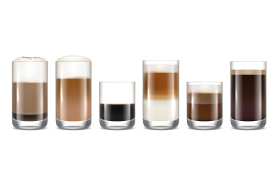 Coffee cups. Hot delicious drinks in transparent glasses beverage foam