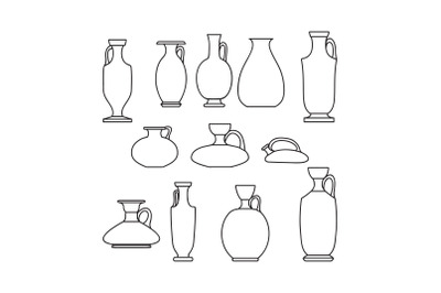 Sketch outline of ceramic vases set. Ancient Greek, Roman jar with two