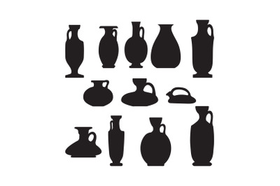 Silhouette sketch et of ceramic vases. Ancient Greek, Roman jar with t