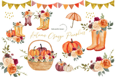 Autumn Orange Pumpkin Boots clipart, Burgundy Pumpkin watercolor