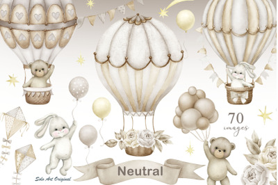 Teddy bear neutral gender clipart. Hot air balloons.