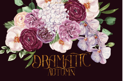 Dramatic Autumn Burgundy Flowers Watercolor Clipart