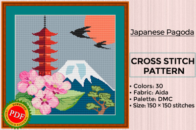 Japanese Pagoda Cross Stitch Pattern | Sakura | Bonsai