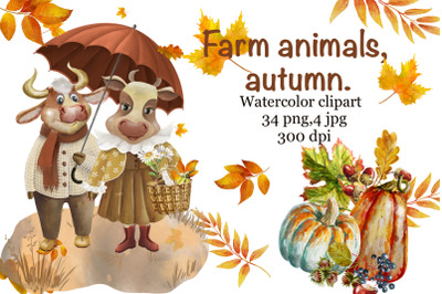 Watercolor Cute Farm animals.Autumn on the farm.