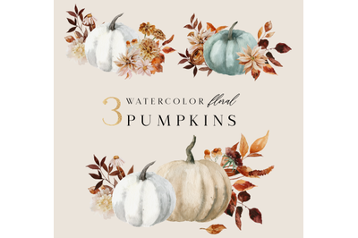 3 watercolor floral pumpkins - autumn clipart
