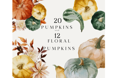 Watercolor pumpkins Floral pumpkins clipart