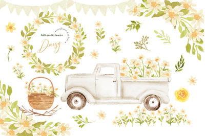 Daisy Flower Truck Clipart, Summer Floral Clipart