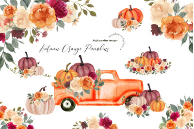 Fall Autumn Orange Pumpkins Truck Clipart, Pumpkin watercolor clipart