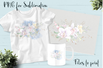 Delicate orchids sublimation. Design for printing.