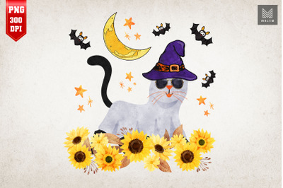 Halloween Floral Cat Happy Halloween