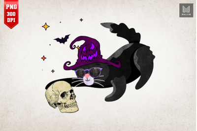 Black Cat Playing Human Skeleton Skull