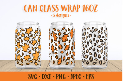 Autumn Leaves Can Glass Wrap SVG. Fall Leopard Glass Can