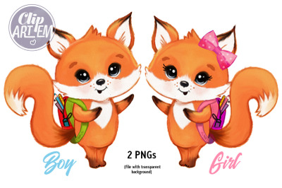 Boy Girl Fox Back to School Bag 2 PNG  Clip Art  Sublimation images