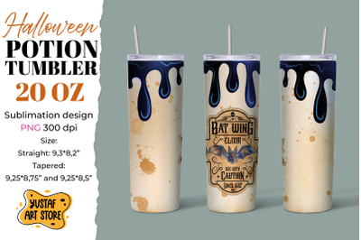 Halloween tumbler sublimation. Bat Wing Elixir label &amp; drips