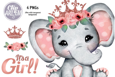 Rose Gold Princess Elephant 4 PNG Clip Art Floral Bundle