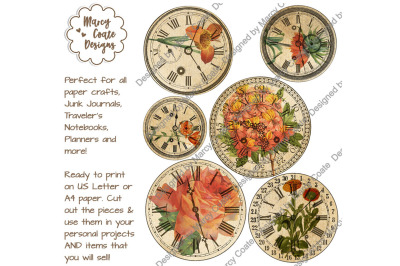 Vintage Floral Clocks (orange flowers) Ephemera Collage Sheet
