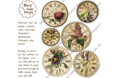 Vintage Floral Clocks (purple flowers) Ephemera Collage Sheet