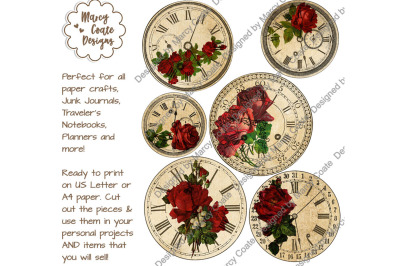 Vintage Floral Clocks (red flowers) Ephemera Collage Sheet